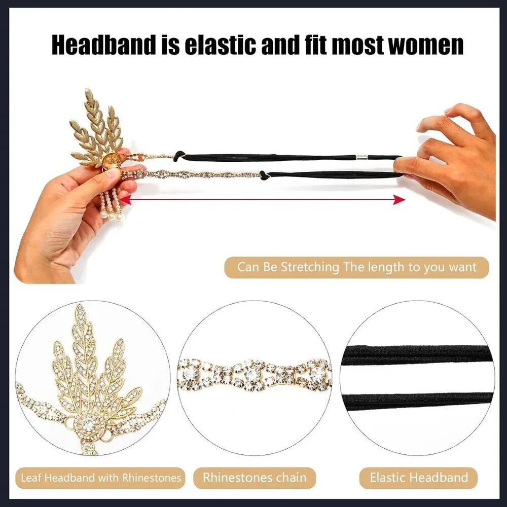 Women Flapper Costume Accessories Set Vintage 1920s Headband Earrings Gloves Pea